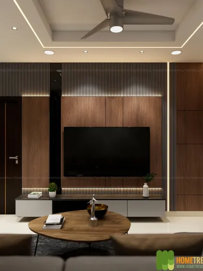 For this living room, I designed a full-wall TV unit featuring a combination of dark wood and fluted panels. The integrated backlighting and clean lines create a dramatic yet elegant focal point, demonstrating how custom cabinetry can transform a central living area.