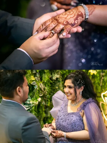 A collage capturing two key moments of the ring ceremony: the close up of the ring exchange and the bride's happy reaction.