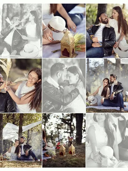 A grid collage showing various candid and playful moments from a couple's picnic-themed pre-wedding shoot in the forest.