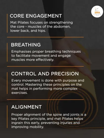 Mat Pilates focuses on core engagement, proper breathing, control, and alignment. Mastering these principles on the mat helps prevent injuries and improves mobility.