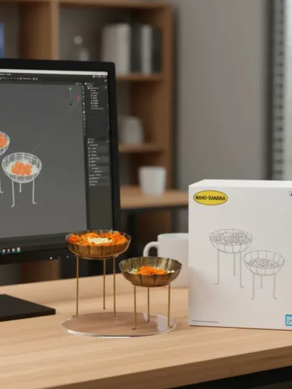 From a digital concept to a real product, this image shows the creation of my standing brass urlis. I love blending modern design techniques with traditional Indian decor items.