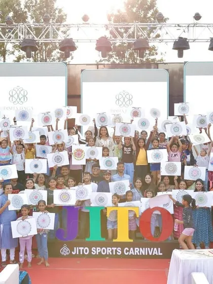 The view from the stage at the JITO Sports Carnival, with over 200 participants holding up their finished mandalas. A truly magical moment for me as an educator.
