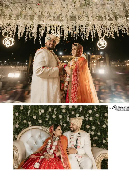 Two portraits of a newly married couple, one on stage under a stunning floral ceiling and another seated, sharing a quiet look. These shots capture both the grand scale and the intimate feel of the wedding.