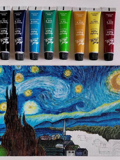 The second WIP of the "Starry Night" painting, with more of the village houses at the bottom filled in.