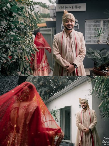 A collage showing the groom's first look at his bride. Her red veil creates a beautiful, dramatic effect against the simple backdrop of the cottage.
