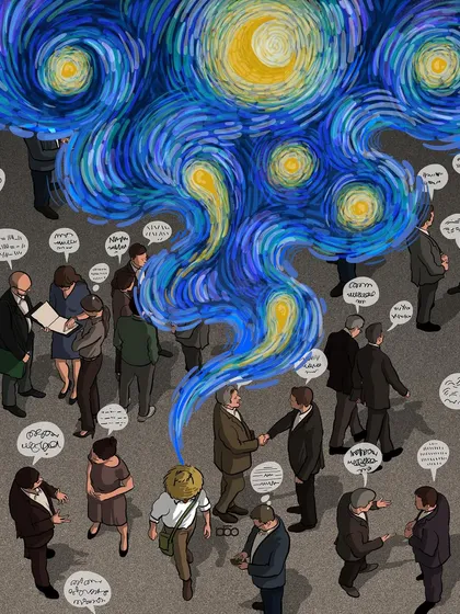 Here, I visualize the disconnect between the artist's inner world and the mundane conversations of the crowd. Vincent's thoughts manifest as a swirling, starry nebula, a stark contrast to the empty speech bubbles of those around him.