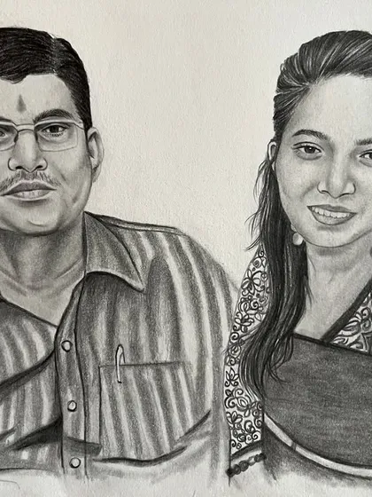 A completed A4 pencil sketch of a couple, perfect for celebrating parents or as a family gift. The drawing combines two people into a single, harmonious portrait.