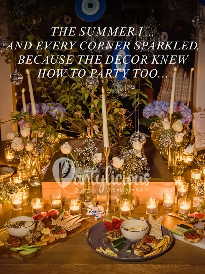 The summer I... and every corner sparkled because the decor knew how to party too. A beautifully lit evening tablescape with an abundance of candles, creating a warm and magical atmosphere for a dinner party.