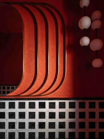 A detail in Project 1374 showing the tactile richness of local materials. A curved wall finished in red textured plaster meets a floor of patterned black and white marble, creating a dialogue that is both intuitive and intentional.