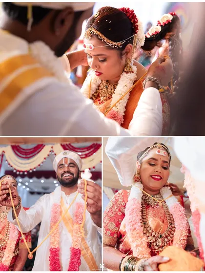 I understand the importance of capturing key rituals. This collage from a South Indian wedding highlights significant moments like the tying of the thaali, preserving the sanctity of the ceremony.