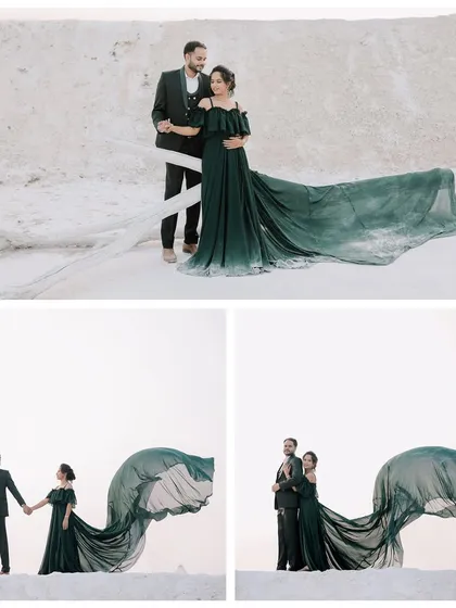 For couples wanting a dramatic and high-fashion feel, I use elements like flowing gowns to create stunning visuals. Here, the contrast between the deep green dress and the stark white landscape of my studio set results in a powerful, cinematic pre-wedding portrait.