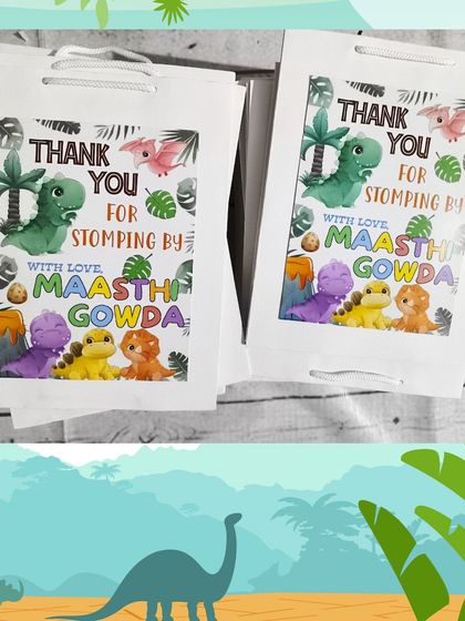 These "Thank You for Stomping By" paper bags are perfect for a dinosaur party. The fun design and personalization make them a memorable part of the celebration.