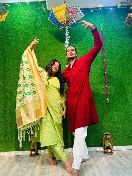 Our instructors strike a pose in traditional attire during our studio's Diwali celebration. We love celebrating festivals with our dance family, creating a warm and vibrant community.