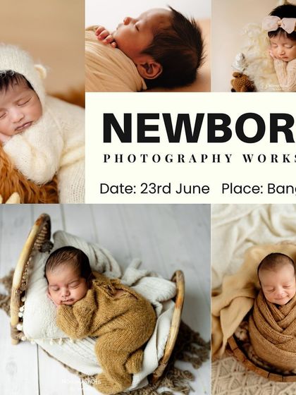 A collage of newborn photos promoting the Newborn Photography Workshop.