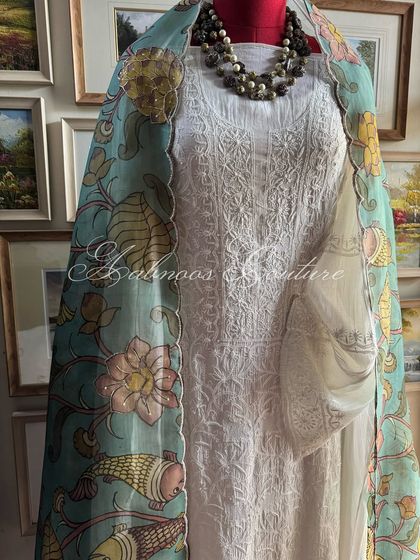 A full-length view of the styled ensemble, providing a clear perspective on its unique appeal.