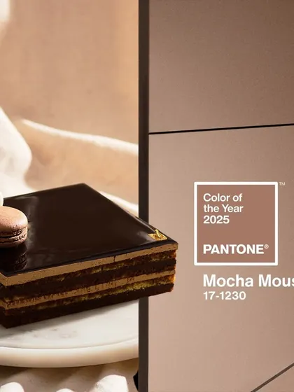 My Opera Cake featured next to the Pantone Color of the Year, Mocha Mousse. The deep browns and coffee tones in the cake have always been in style.