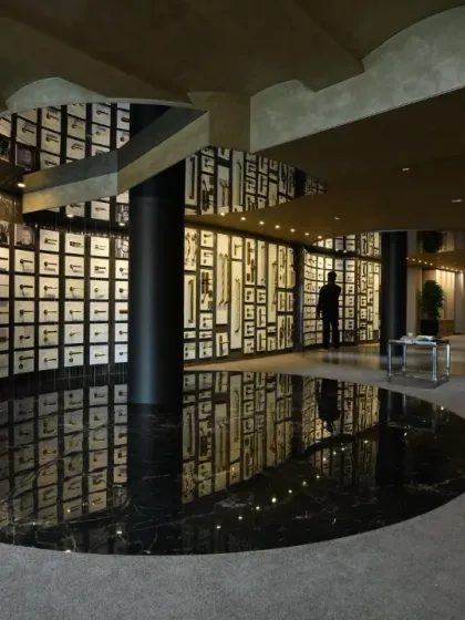 Where craftsmanship meets innovation. The Gala showroom features a dramatic circular display area with a black marble floor, creating an immersive showcase.