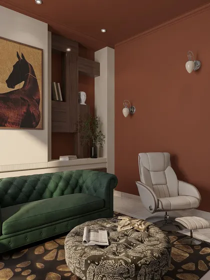 This view shows the complete seating arrangement, including the plush sofa, recliner, and a patterned ottoman, creating a cozy and stylish space for entertainment.