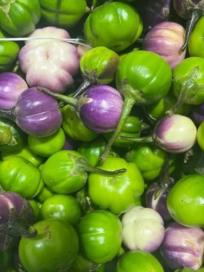 A vibrant pile of green and purple baby eggplants. These are essential for authentic Northeast Indian curries, adding a slightly bitter and savory note.
