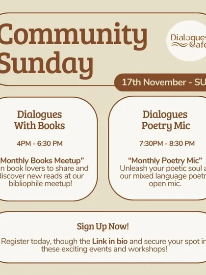 A "Community Sunday" flyer for our monthly book meetup and poetry mic, inviting book lovers and poets to connect.