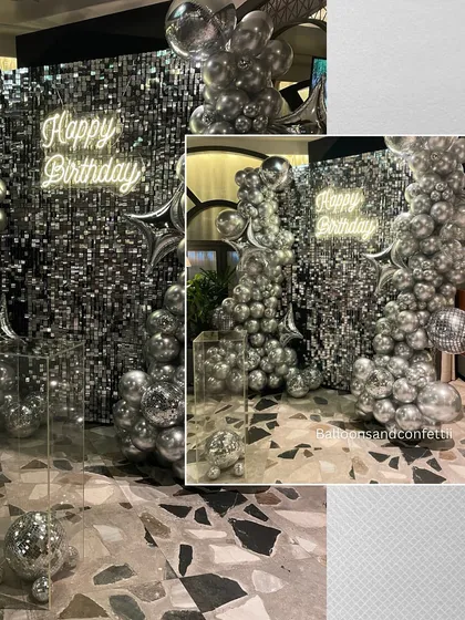 A creative collage of the silver shimmer wall setup, showing the full backdrop, the clear acrylic cake stand, and the scattered disco balls that completed the look.