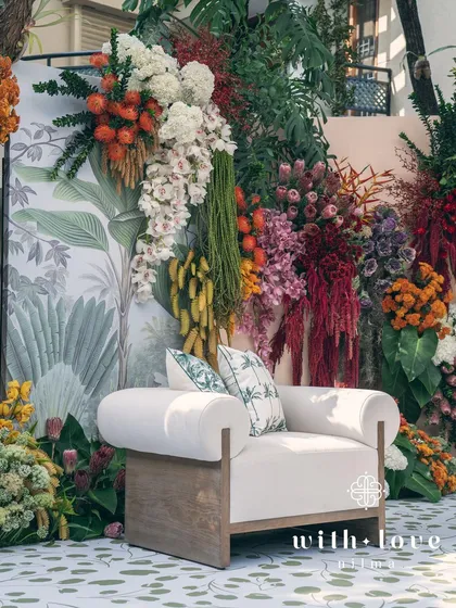 The full view of the 'Garden of Gaia' backdrop, a stunning setting for the seemantha ceremony.