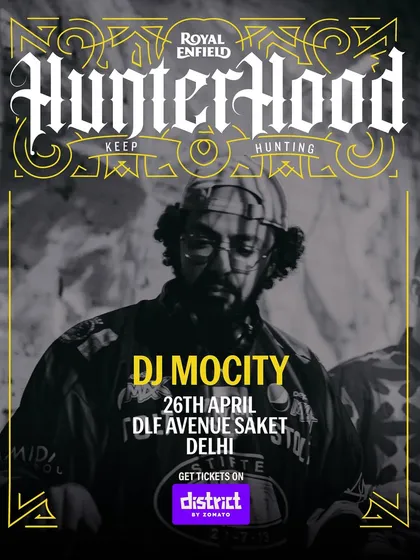 The poster for a Royal Enfield 'HunterHood' event in Delhi, featuring me as the DJ. I work with brands like Royal Enfield to provide the soundtrack for their lifestyle and community events.