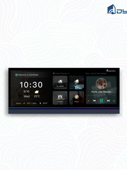 A single screen to control your entire home. The HomePad X is shown here with its clear display for time, weather, smart scenes, and media playback.