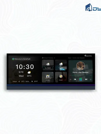 A single screen to control your entire home. The HomePad X is shown here with its clear display for time, weather, smart scenes, and media playback.