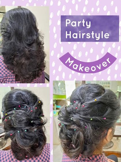 A fun and festive party hairstyle. This messy, textured updo is decorated with colorful pins, making it a perfect choice for a lively celebration.