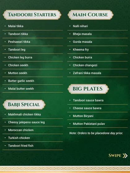 Our Tandoori Starters, Main Courses, and Big Plates from the Ramadan menu. This section features classics like Nalli Nihari and grand feasts like Tandoori Sauce Bawra.