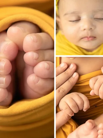 A collage of detail shots from the sunflower-themed session, capturing the baby's face, feet, and hands. It’s a complete collection of precious memories.