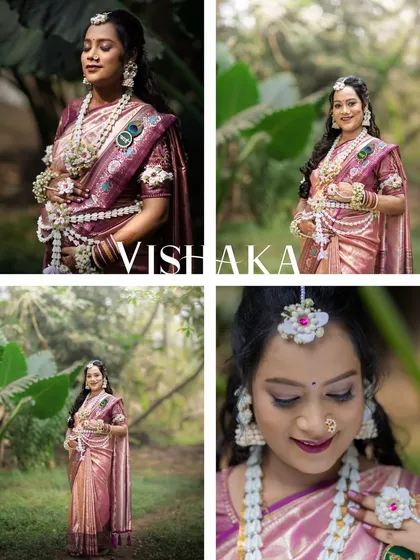 A collage capturing the joy and tradition of a Maharashtrian baby shower, or 'dohale jevan'. It showcases the mother-to-be in a beautiful Paithani saree and delicate floral jewelry, highlighting the candid moments and serene portraits from her special day.