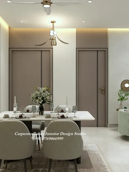 A simple and elegant dining setup with a four-seater table. The neutral color palette and clean lines create a calm and uncluttered space.