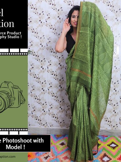 A playful, candid-style shot that adds personality to the product listing and makes the saree feel more approachable and stylish.