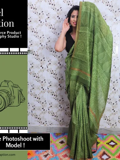 A playful, elegant pose of a model with a green saree. Dynamic shots like this bring energy and life to your apparel listings.