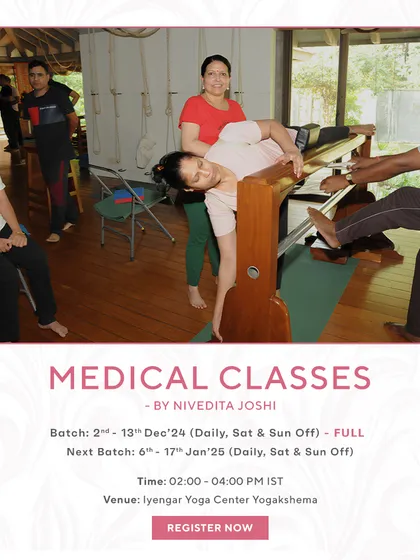 An announcement for my medical yoga classes, showing a student receiving a hands-on adjustment on a therapeutic horse prop. These classes are designed for specific medical needs.