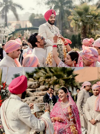 Candid moments from the wedding, including the groom being playfully lifted by friends and the couple sharing a laugh.