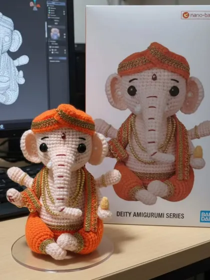 This Amigurumi Ganesha is one of my most requested spiritual figures. Here you can see the final handmade doll next to its original design, showing how I transform a concept into a detailed, three-dimensional piece.