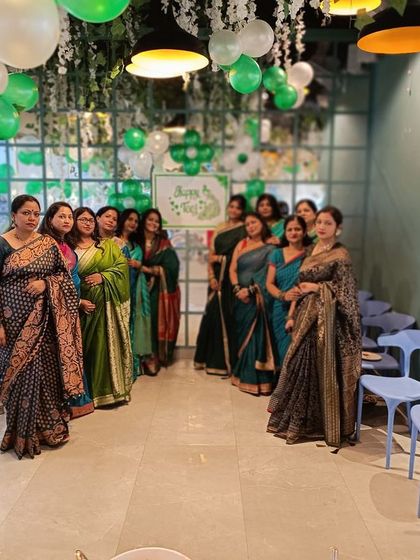 A group photo from a recent Teej kitty party. It’s a joy to provide a space where friends can come together to celebrate traditions and create new memories.