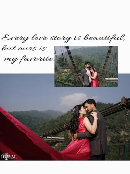 A romantic composition with a close-up of the couple embracing on the bridge, perfectly framed by the bride's flowing red dress.
