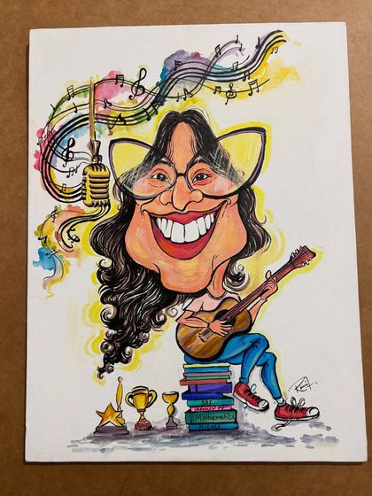 The unframed version of the all-rounder caricature. The vibrant watercolors and bold ink lines really stand out on the paper.