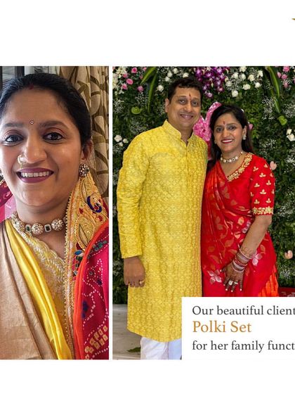 Our beautiful client is wearing a versatile Polki set that can be styled as a choker or a bracelet. It’s a perfect example of how I design pieces to be both beautiful and functional.