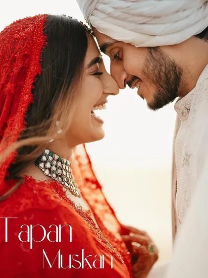 An intimate moment between Muskan and Tapan at their Goa wedding. Her makeup features a soft, romantic glow with a defined eye, designed to look beautiful in natural light and enhance her joyful expression. Capturing the love story is at the heart of what I do.