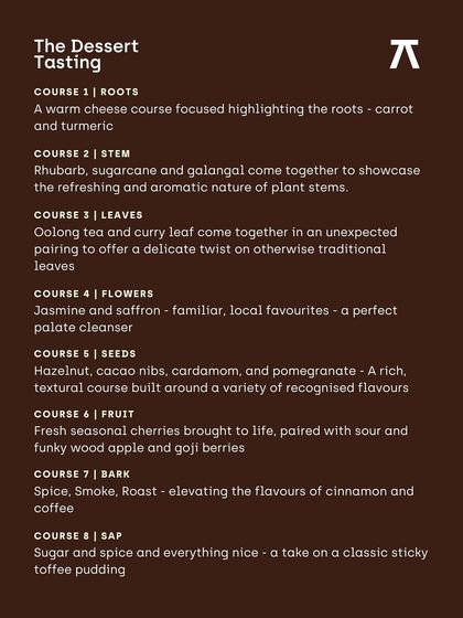 The full 8-course menu for 'The Dessert Tasting'. The menu was structured like a plant's life cycle, moving from roots and stems to leaves, flowers, and sap, showing an incredible narrative and creative vision.
