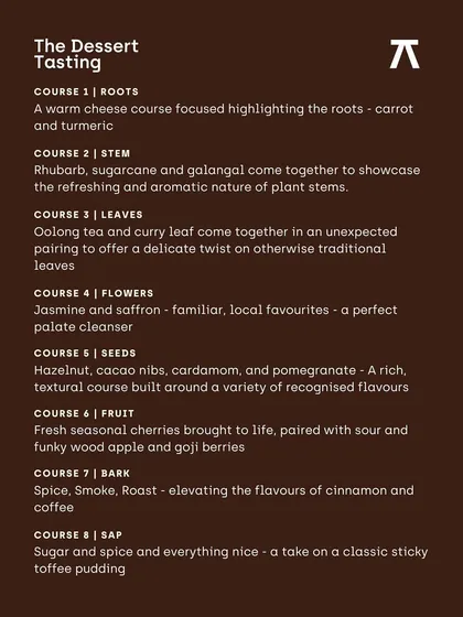 The full 8-course menu for 'The Dessert Tasting'. The menu was structured like a plant's life cycle, moving from roots and stems to leaves, flowers, and sap, showing an incredible narrative and creative vision.