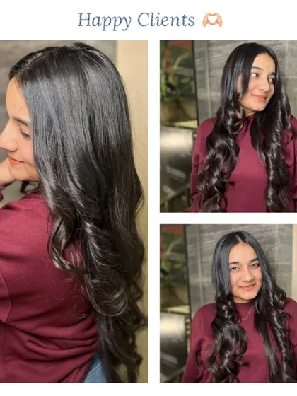 A collage showing a happy client with her new haircut. We gave her long, flowing layers and styled them into beautiful, bouncy curls.