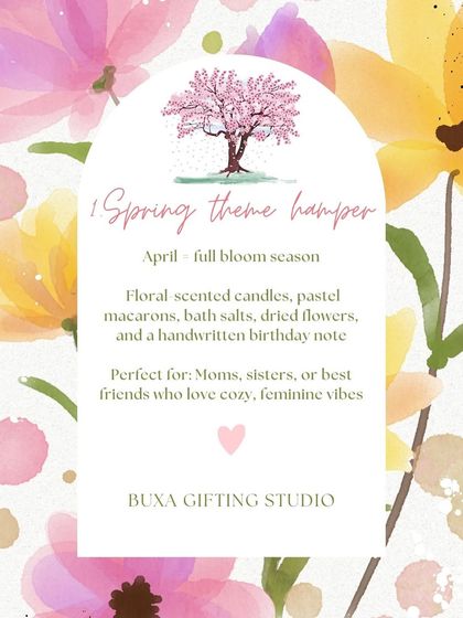 A "Spring Theme Hamper" idea for April, with floral scented candles, pastel macarons, and a handwritten birthday note.