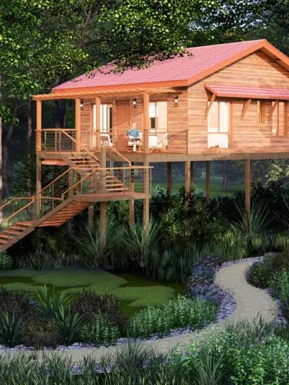 This machan-style cottage at Birwa Forest Resort is an example of immersive, biophilic design. Elevated 16 feet above the ground, the wooden structure offers a private retreat that is in constant dialogue with the surrounding forest, providing an intimate connection to nature.