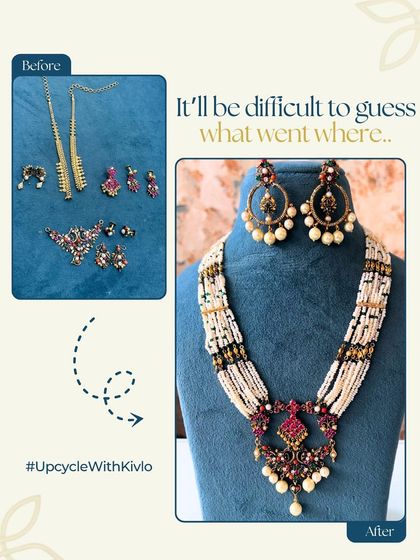 It's hard to guess what went where in this transformation. We took a collection of old, mismatched earrings, pendants, and chains and masterfully combined them into a single, breathtaking pearl and ruby haar with matching earrings.